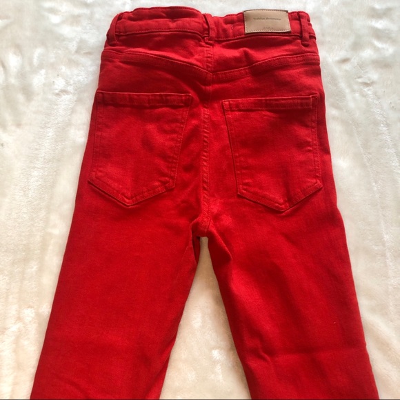 ZARA Trf Red Straight Leg Jeans High Rise Ripped Raw Hem Size 2 - Picture 3 of 11